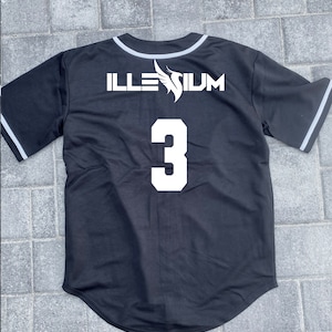 May include: Black baseball jersey with white trim and the text "ILLESIUM" and the number "3" on the back.