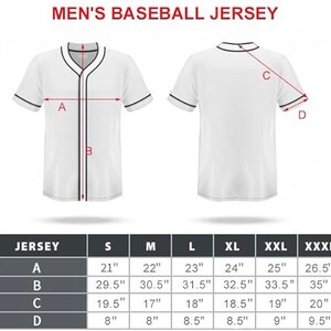 May include: Size chart for a baseball jersey in sizes S, M, L, XL, XXL, and XXXL. Measurements are shown for the length, chest, sleeve, and shoulder width in inches.