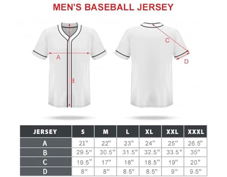 May include: Size chart for a baseball jersey in sizes S, M, L, XL, XXL, and XXXL. Measurements are shown for the length, chest, sleeve, and shoulder width in inches.