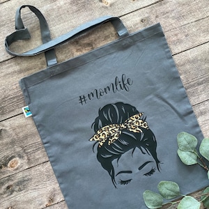 Einkaufstausche #momlife, Baumwoll-Beutel, lange Henkel, 38x42cm, Fairtrade, OEKO-Tex zertifiziert