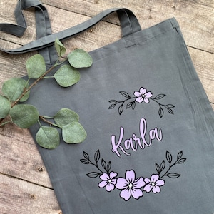 Personalisierter Baumwoll-Beutel mit Blumen, lange Henkel, 38x42cm, Fairtrade, OEKO-Tex zertifiziert
