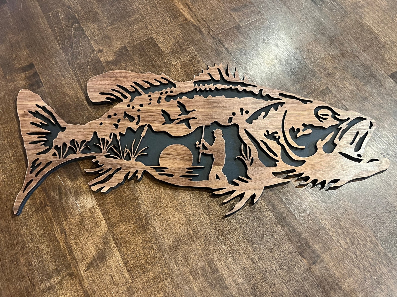 Wood Fishing Scene Laser Cutlayered Art Outdoors Etsy