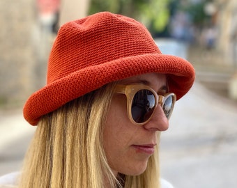 Hand-Knit Crochet Bucket Hat: Tile Red Cotton Blend, Boho Festival Style