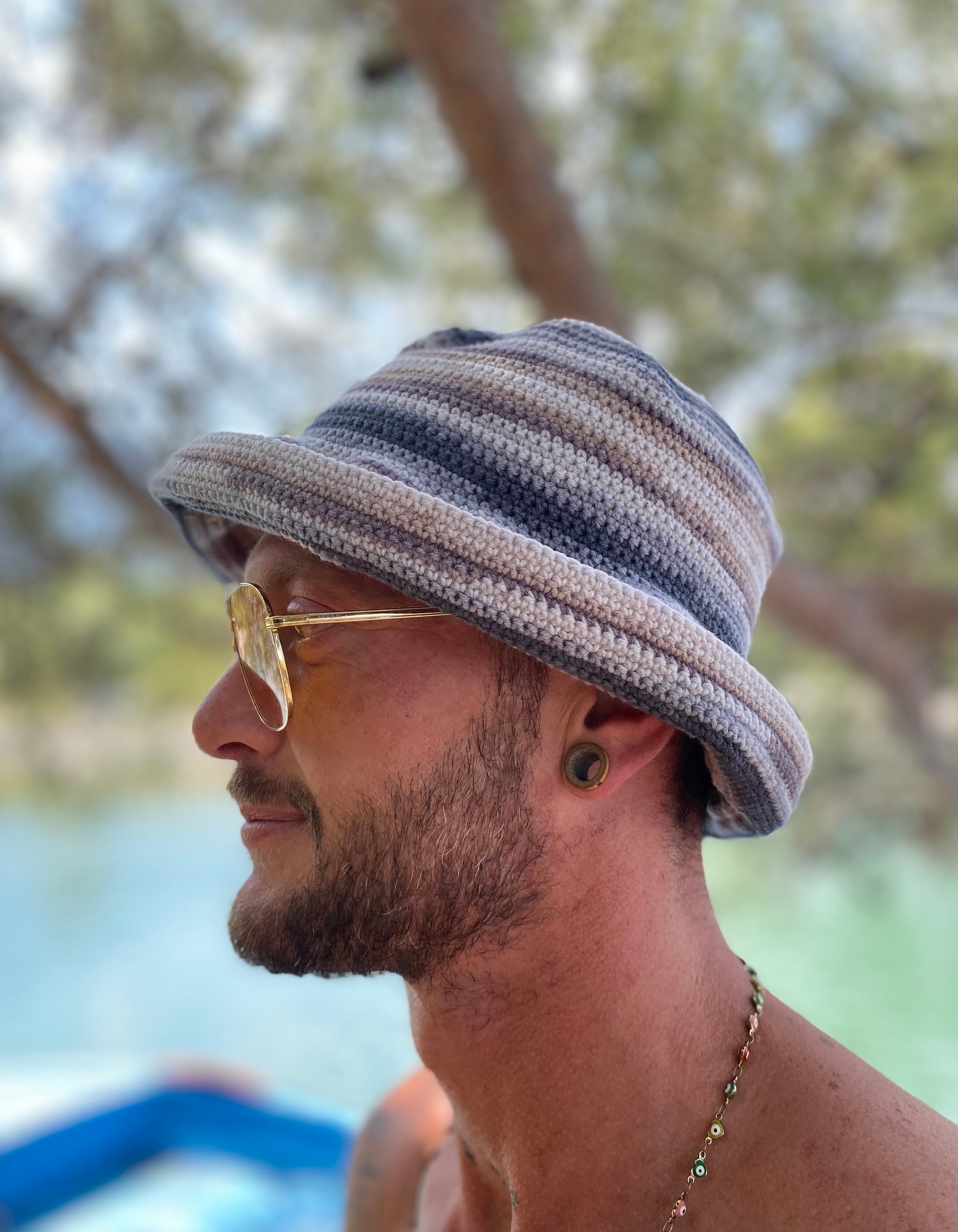 Hand-knit Crochet Bucket Hat, Cotton Blend, Boho Sun Visor 