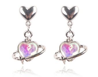 Rainbow Heart Earrings – Y2K Silver Stud Earrings with Iridescent Heart Pendant – Futuristic Cyberpunk Jewelry – 925 Silver