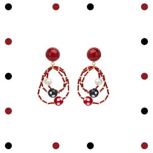 Red earrings, pearl earrings, art earrings, pop art, statement jewelry, gift idea, fashionable jewelry, trendy earrings, red jewelry