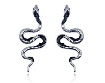 Snake Earrings 925 Sterling Silver | Gothic Black Silver Jewelry, Punk Statement Earrings, Unique Serpent Gift for Her, Halloween Accessory