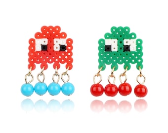 Christmas Pac-Man earrings, mosaic design earrings, game design, monster earrings, OOTD, Christmas gift