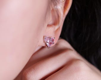 Pink Heart Stud Earrings 925 Silver – Sparkling Zircon Earrings – Valentine's Day Gift – Romantic Jewelry for Women