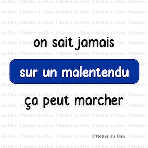 May include: Image featuring the French phrase "on sait jamais sur un malentendu ça peut marcher". The words "sur un malentendu" are in a blue rectangle. The background has a repeating pattern of the words "L'Atelier du Flex".