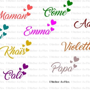 Flocked first name + 3 personalized iron-on flex hearts, sizes and colors of your choice