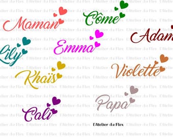 Flocked first name + 3 personalized iron-on flex hearts, sizes and colors of your choice