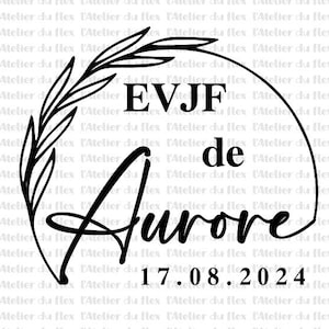 Peut inclure: Graphisme noir et blanc avec le texte "EVJF de Aurore 17.08.2024" dans un cercle, orné d'une branche de feuilles. Parfait pour les annonces de mariage ou d'événements.