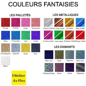 Op de afbeelding: Een kleurenkaart met verschillende glitter-, metallic- en diamanttinten. De kaart bevat kleuren als rood, fuchsia, ros&eacute;goud, zilver, goud en blauw. De tekst "COULEURS FANTAISIES" staat bovenaan.