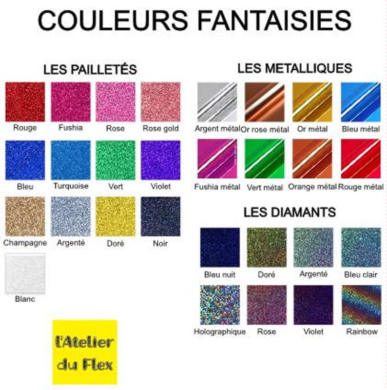 Op de afbeelding: Een kleurenkaart met verschillende glitter-, metallic- en diamanttinten. De kaart bevat kleuren als rood, fuchsia, ros&eacute;goud, zilver, goud en blauw. De tekst "COULEURS FANTAISIES" staat bovenaan.
