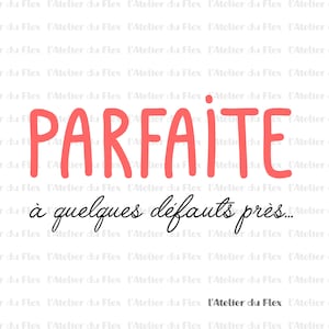 Puede incluir: Fondo blanco con un patrón repetido del texto "L'Atelier du Flex". La palabra "PARFAITE" está escrita en letras grandes de color coral, con la frase "à quelques défauts près..." en escritura negra debajo.