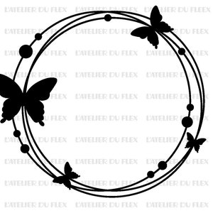 May include: A black circular design featuring three concentric rings, adorned with four butterfly silhouettes and small circular accents. The text "L'ATELIER DU FLEX" is repeated around the border.
