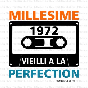 Peut inclure: Graphique de cassette noire avec l'année 1972, le mot "MILLESIME" en orange, et les phrases "VIEILLI A LA" et "PERFECTION" en blanc et sarcelle. Le design est un graphique sur le thème du vintage.