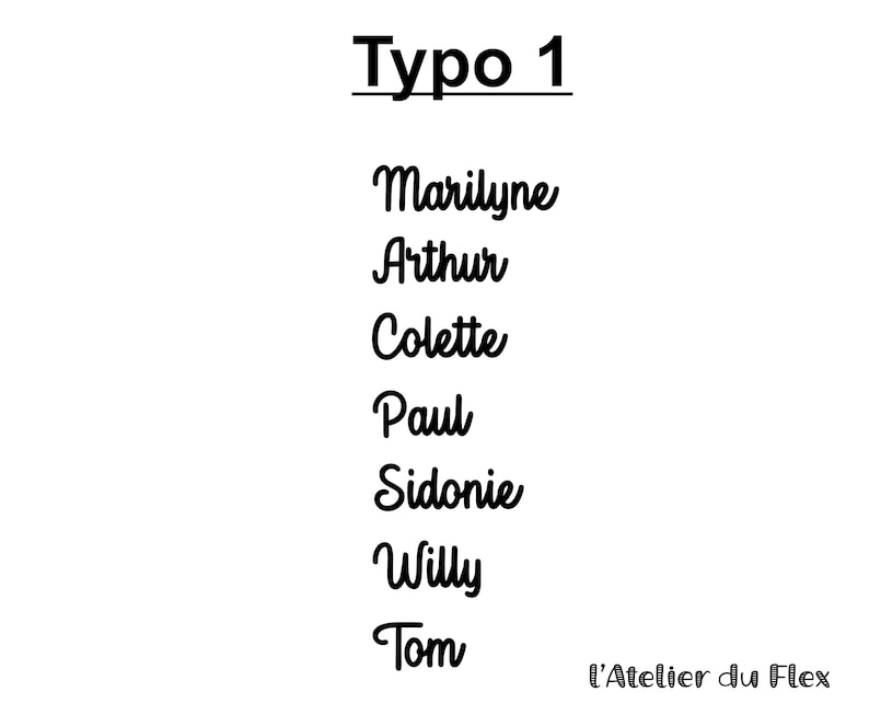 Op de afbeelding: Op een witte achtergrond staat de tekst "Typo 1" boven een lijst met namen: Marilyne, Arthur, Colette, Paul, Sidonie, Willy en Tom. De tekst "L'Atelier du Flex" staat onderaan.