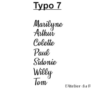 Op de afbeelding: Een witte achtergrond met bovenaan de tekst "Typo 7". Daaronder een lijst met namen in een sierlijk lettertype: Marilyne, Arthur, Colette, Paul, Sidonie, Willy en Tom. De tekst "L'Atelier du Flex" staat onderaan.