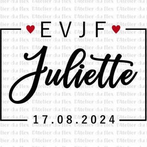 Peut inclure: Graphisme noir et blanc avec le prénom "Juliette" en écriture cursive, encadré d'un rectangle noir. Au-dessus du nom, les lettres "EVJF" avec des cœurs rouges. La date "17.08.2024" est en dessous.