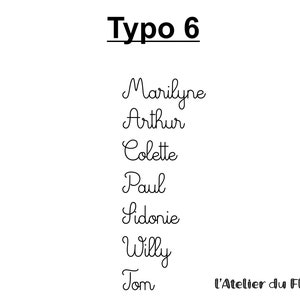 Op de afbeelding: Op een witte achtergrond staat de tekst "Typo 6" boven een lijst met namen in cursief schrift: Marilyne, Arthur, Colette, Paul, Sidonie, Willy en Tom. De tekst "L'Atelier du Flex" staat rechtsonder.