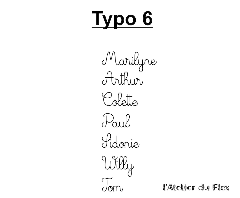 Op de afbeelding: Op een witte achtergrond staat de tekst "Typo 6" boven een lijst met namen in cursief schrift: Marilyne, Arthur, Colette, Paul, Sidonie, Willy en Tom. De tekst "L'Atelier du Flex" staat rechtsonder.