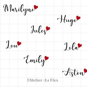 Flock applied flex vinyl iron-on Personalized first name size of your choice + heart