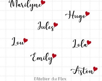 Flock applied flex vinyl iron-on Personalized first name size of your choice + heart