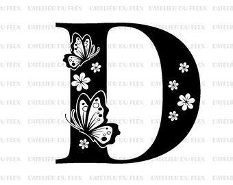 Flocking Monogram capital initial butterfly flowers flex iron-on sizes and colors of your choice