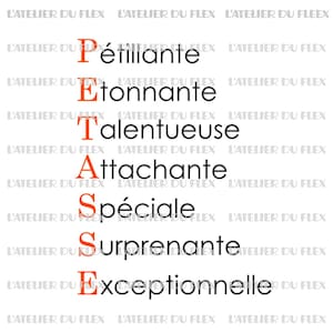 Peut inclure: Fond blanc avec les mots "Pétillante, Étonnante, Talentueuse, Attachante, Spéciale, Surprenante, Exceptionnelle" en texte noir et orange. Les mots sont empilés verticalement.