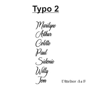 Op de afbeelding: Witte achtergrond met de tekst "Typo 2" boven een lijst met namen in een cursief lettertype: "Marilyne", "Arthur", "Colette", "Paul", "Sidonie", "Willy" en "Tom". De tekst "L'Atelier du Flex" staat onderaan.