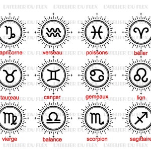 Puede incluir: Ilustraciones en blanco y negro de signos del zodiaco. Cada signo está en un marco circular con un diseño de rayos de sol, y el nombre del signo está escrito debajo en rojo. Los signos incluyen Capricornio, Acuario, Piscis, Aries, Tauro, Géminis, Cáncer, Leo, Virgo, Libra, Escorpio y Sagitario.