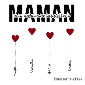Vinile flex termoadesivo floccato applicato I miei amori mi chiamano Mamma + nomi bimbi + cuore palloncino 20x20cm