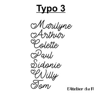 Op de afbeelding: Zwart-wit afbeelding met de tekst "Typo 3" boven een lijst met namen: "Marilyne", "Arthur", "Colette", "Paul", "Sidonie", "Willy" en "Tom". De namen zijn in een cursief lettertype met hartvormige versieringen. De tekst "L'Atelier du Flex" staat onderaan.