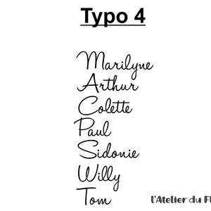 Op de afbeelding: Een witte achtergrond met bovenaan de tekst "Typo 4". Daaronder de namen "Marilyne, Arthur, Colette, Paul, Sidonie, Willy, Tom" in een cursief lettertype. De tekst "L'Atelier du Flex" staat rechtsonder.
