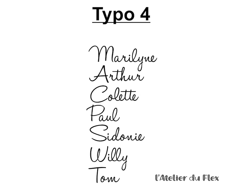 Op de afbeelding: Een witte achtergrond met bovenaan de tekst "Typo 4". Daaronder de namen "Marilyne, Arthur, Colette, Paul, Sidonie, Willy, Tom" in een cursief lettertype. De tekst "L'Atelier du Flex" staat rechtsonder.