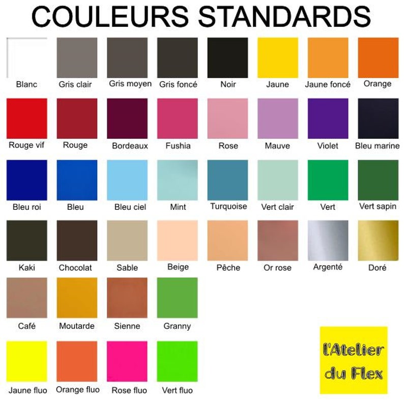 Op de afbeelding: Een kleurenkaart met een verscheidenheid aan standaardkleuren, waaronder wit, grijs, zwart, geel, oranje, rood, paars, roze, blauw, groen, bruin en goud. De tekst "COULEURS STANDARDS" staat bovenaan. Een logo staat rechtsonder.