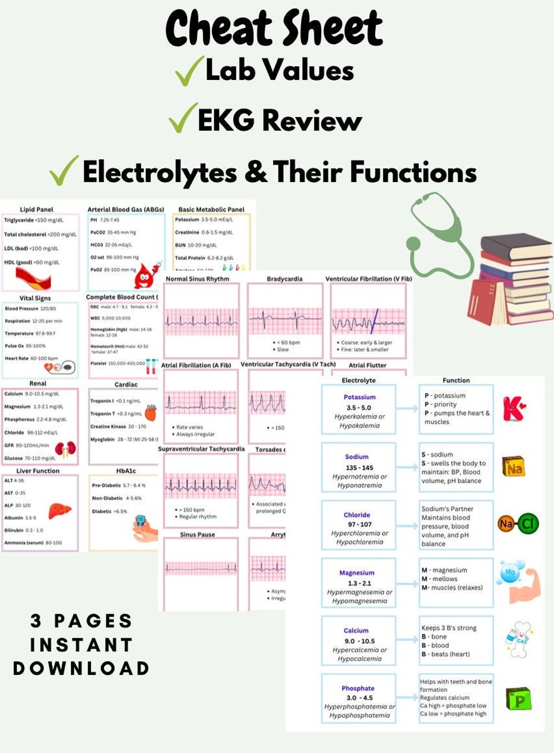 Lab Values Electrolytes EKG Cheat Sheet Digital PDF 3 Pages 