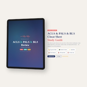 Puede incluir: Una tableta digital muestra una guía de estudio titulada "ACLS & PALS & BLS Cheat Sheet". La portada presenta el texto "ACLS & PALS & BLS Review" con una línea de ECG estilizada. La guía es una referencia rápida para la certificación ACLS, PALS y BLS.