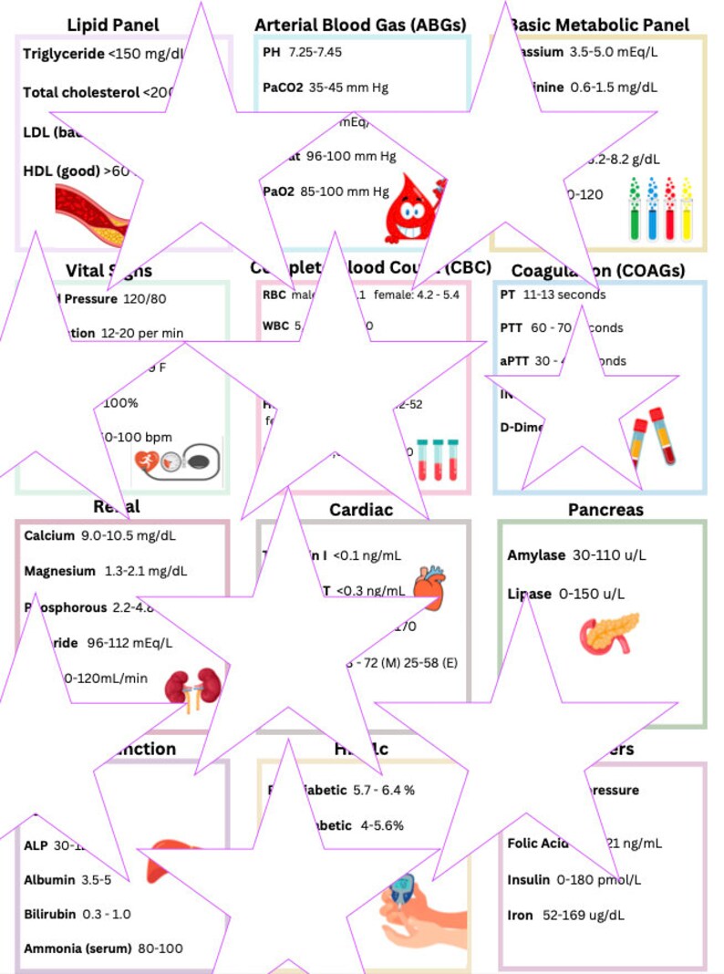 Lab Values, Electrolytes, EKG Cheat Sheet Digital PDF 3 Pages Nursing
