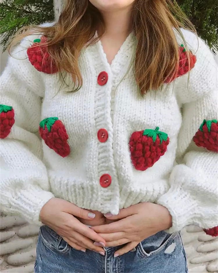 Y2k Style Strawberry Embroidery Knitted Cardigan Knit - Etsy
