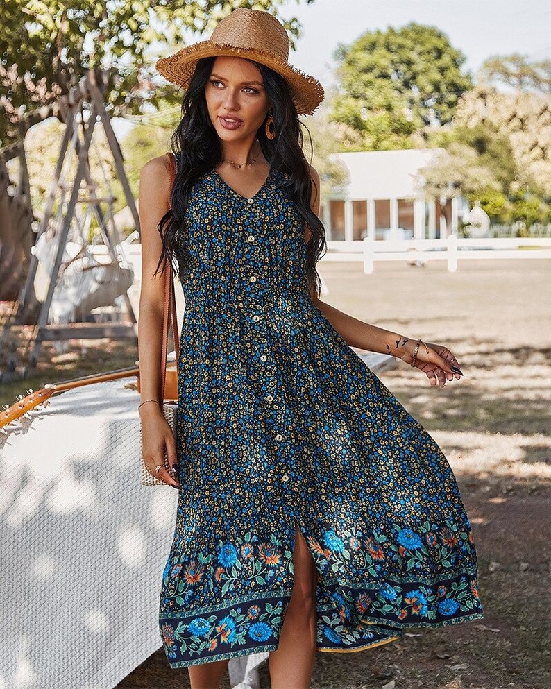 Boho Dresses for Women Savannah Sun Blue Bohemian Floral - Etsy