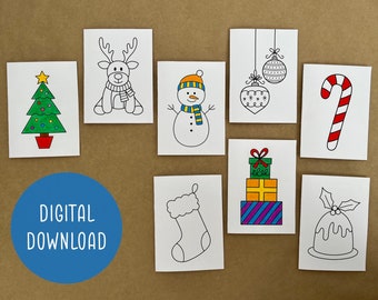 Printable Colouring in Christmas Cards | Digital Download | 8 Cute Designs | Christmas Activity for Kids | Merry Christmas Greeting Cards