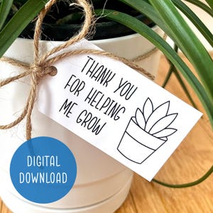 Könnte beinhalten: Ein weißer Geschenkanhänger mit schwarzem Text, der "Danke, dass du mir beim Wachsen hilfst" lautet. Rechts auf dem Anhänger befindet sich eine kleine Schwarzweißillustration einer Topfpflanze. Der Anhänger ist mit einer Schnur an einem weißen Topf mit einer grünen Pflanze gebunden.