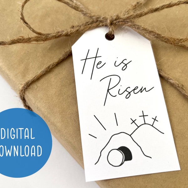 Printable He is Risen Gift Tag | Christian Easter Gift Tag | Happy Easter | Church Easter Gift | Simple Modern Design | Cross and Empty Tomb