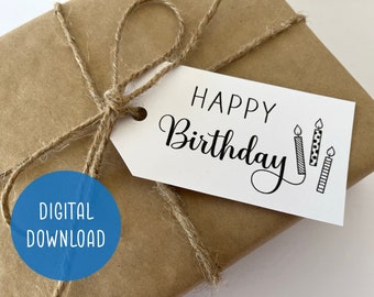 Printable Happy Birthday Gift Tag | Digital Download | Simple Candle Design | Minimalist Birthday Present Label | Print Your Own