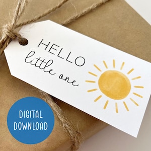 Étiquette-cadeau imprimable pour nouveau-né | Téléchargement numérique | Bonjour tout-petit | Étiquette cadeau baby shower | Joli soleil bohème avec effet aquarelle