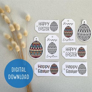 May include: Set of six printable Easter gift tags featuring colorful and black and white patterned eggs with the text "Happy Easter" on each tag.