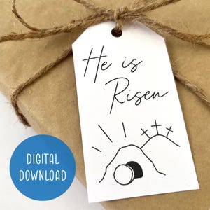 Printable Er ist auferstandener Geschenkanhänger | Christliche Ostern Geschenkanhänger | Frohe Ostern | Kirche Ostergeschenk | Schlichtes Modernes Design | Kreuz und leeres Grab